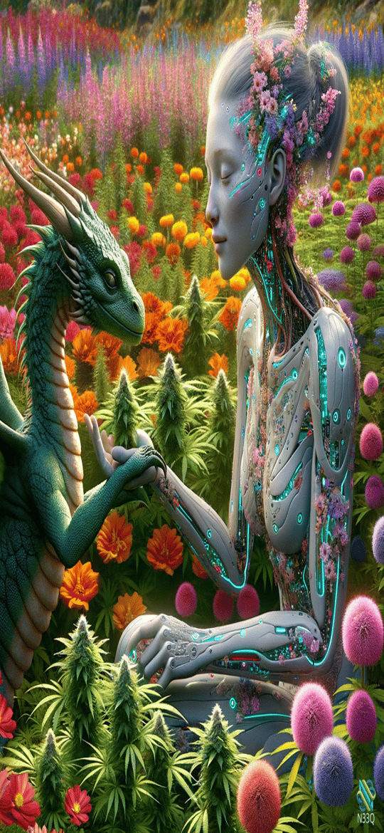 Cyborg Woman and Green Dragon in Flower Field