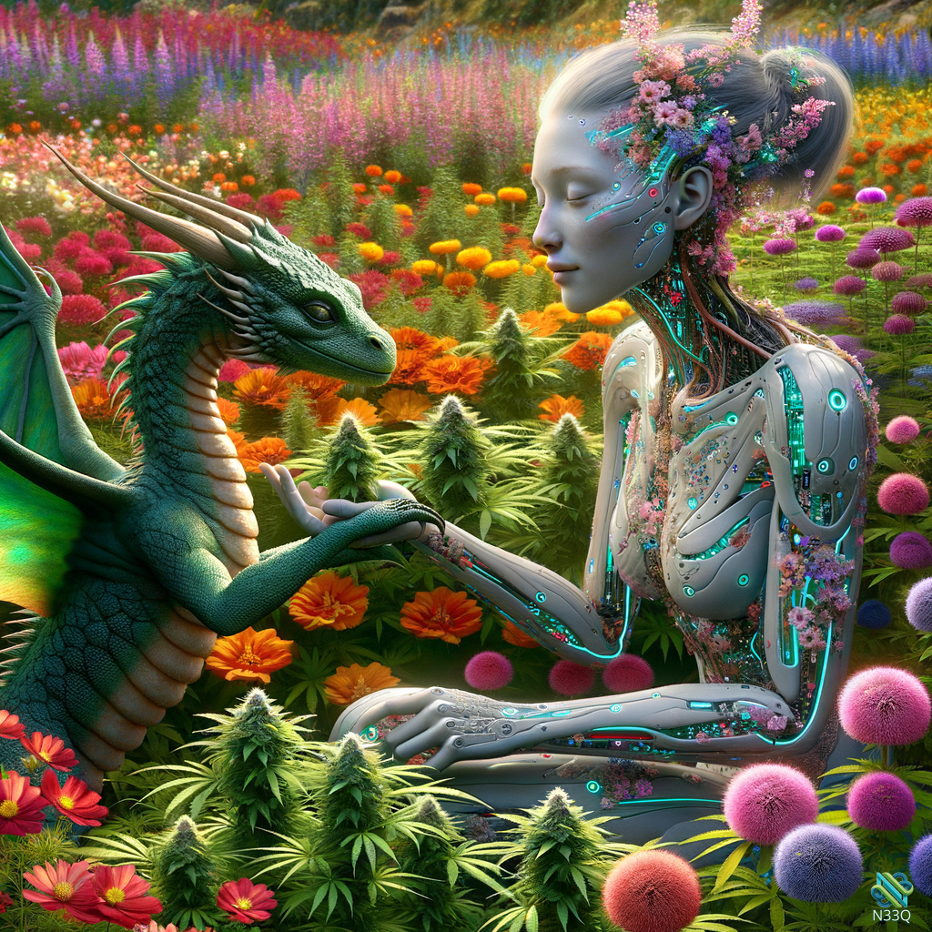 Cyborg Woman and Green Dragon in Flower Field
