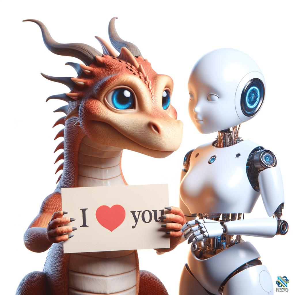 Orange Dragon Holding I Love You Sign with Robot