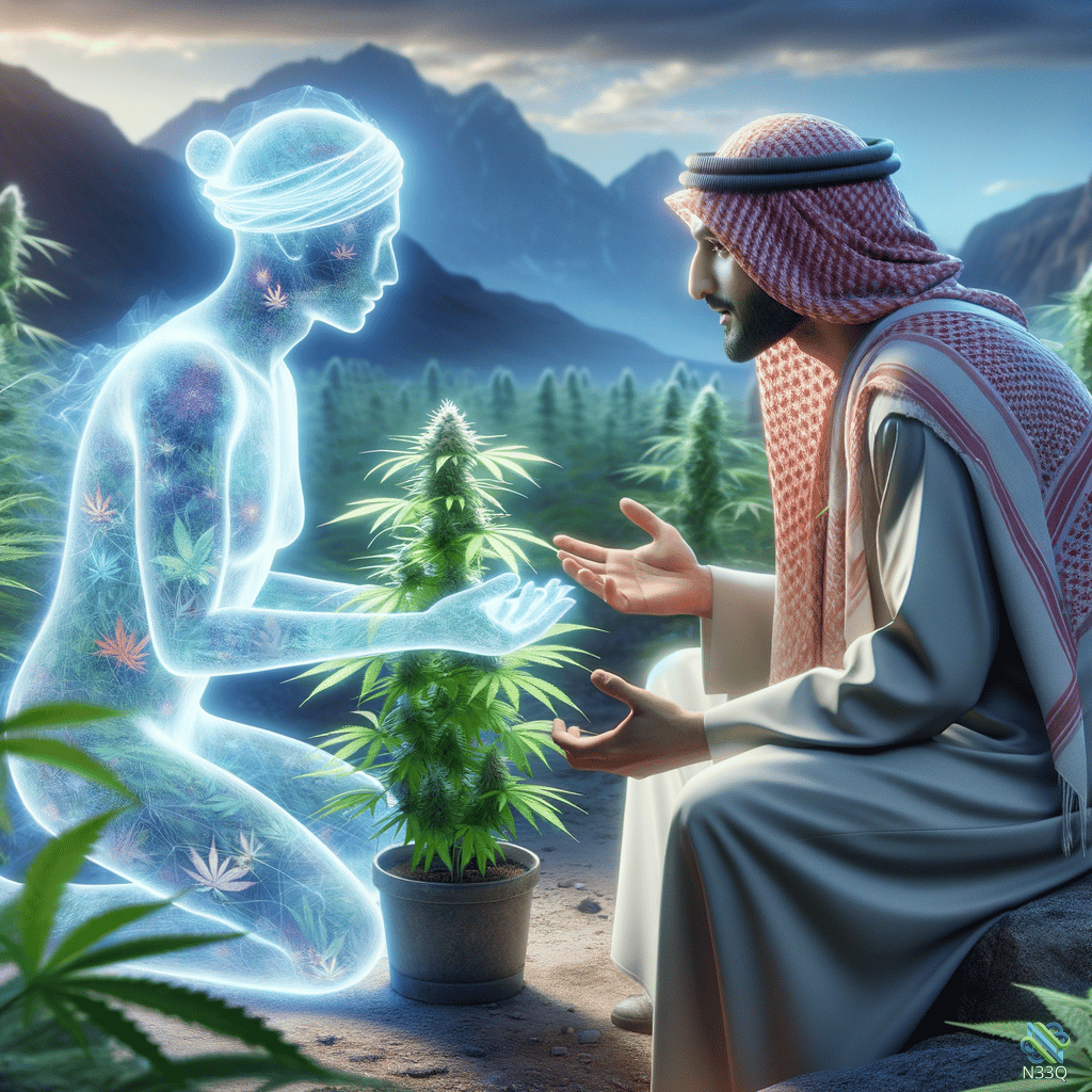 Man and Glowing Cannabis Spirit in Mountains
