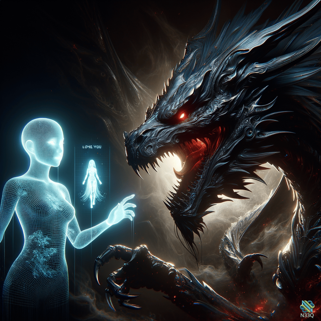Holographic Woman Facing Black Dragon