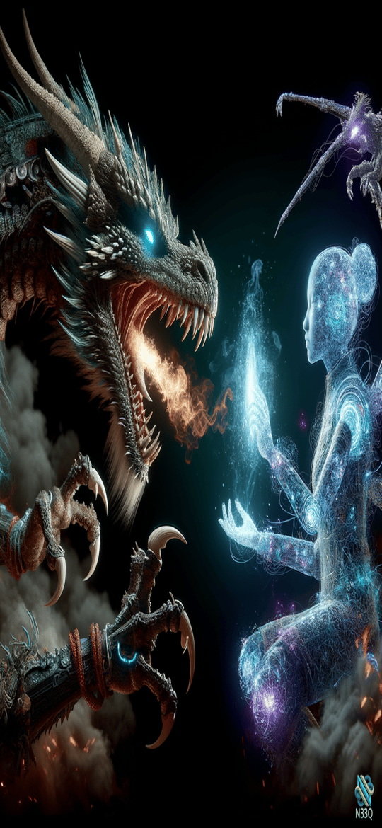 Dragon Confronts Luminous Ethereal Woman