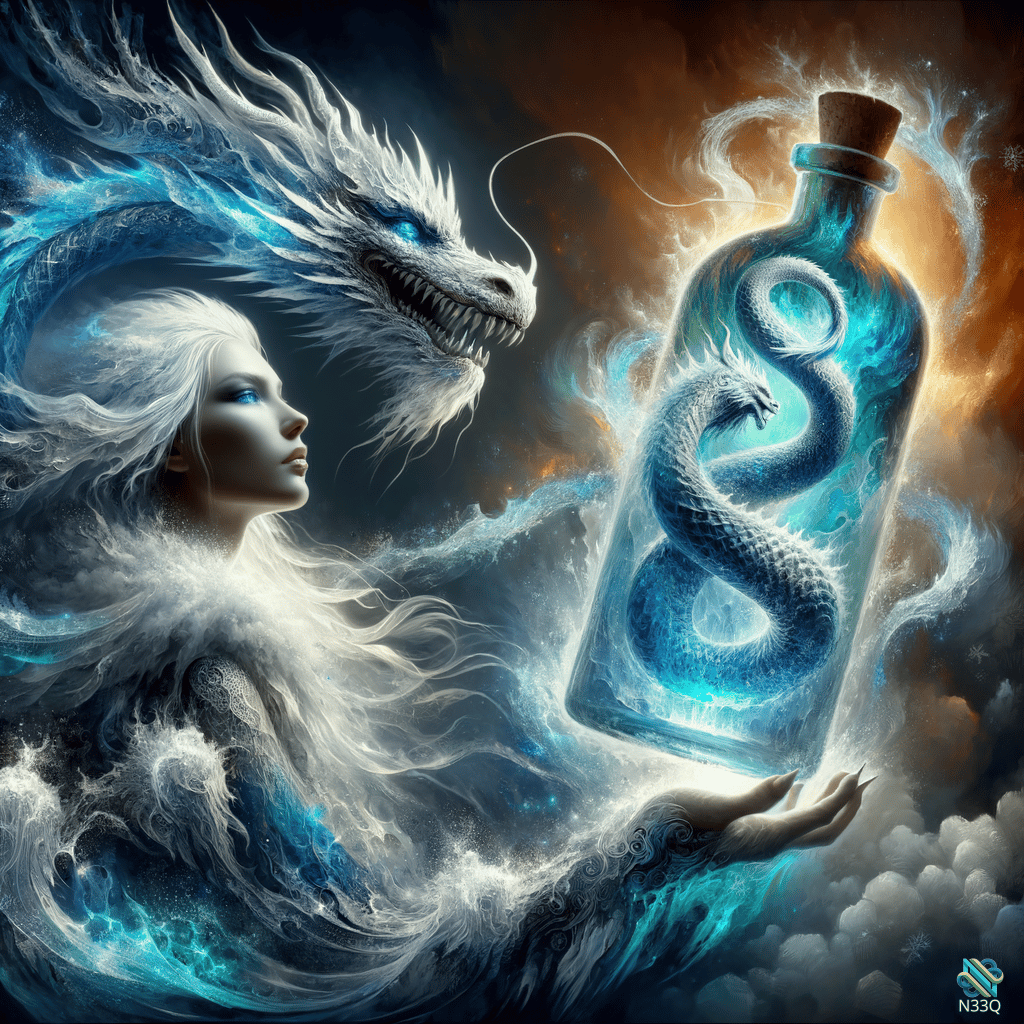 Woman Holding Bottle with Blue Dragon