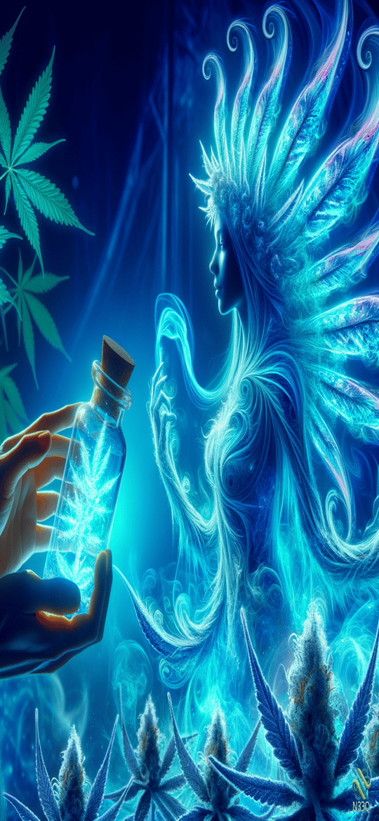 Luminous Blue Spirit and Cannabis Bottle