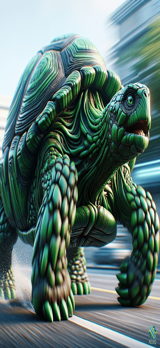 Green Tortoise Running on Road