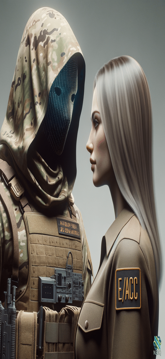 Camo Soldier in Grid Mask Faces Silver-Haired Woman