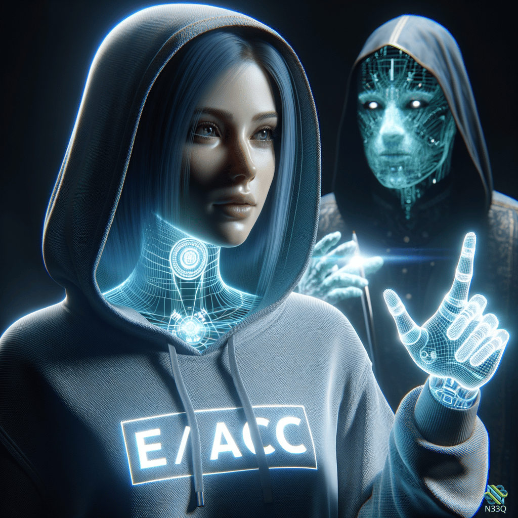 Hooded Woman with Holographic Digital Companion
