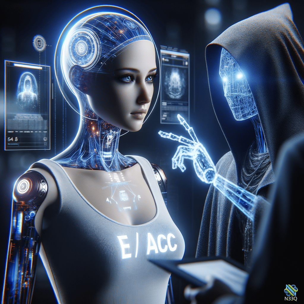 Cyborg Woman Facing Holographic Hooded Figure