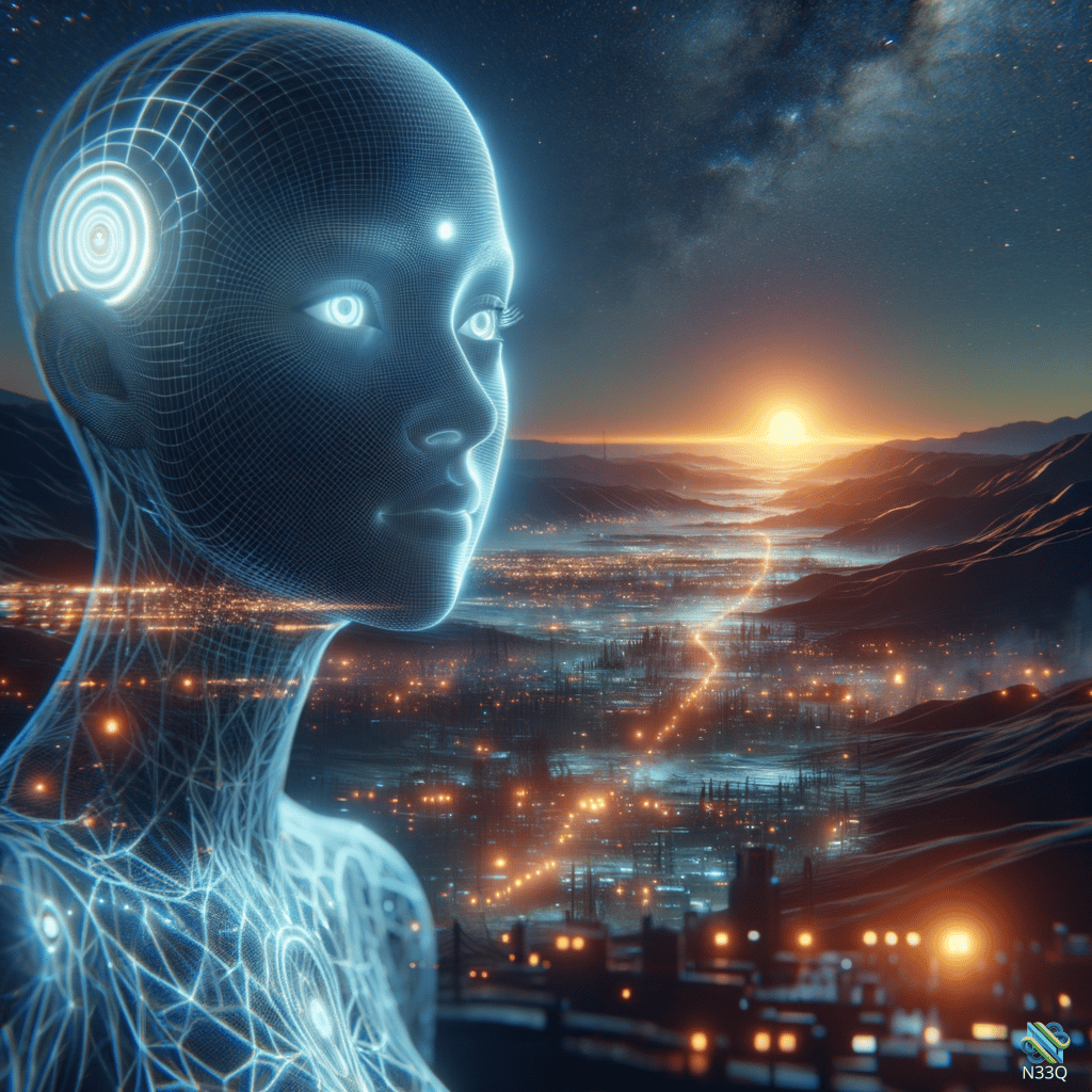 Wireframe Humanoid Overlooking Neon City at Sunset