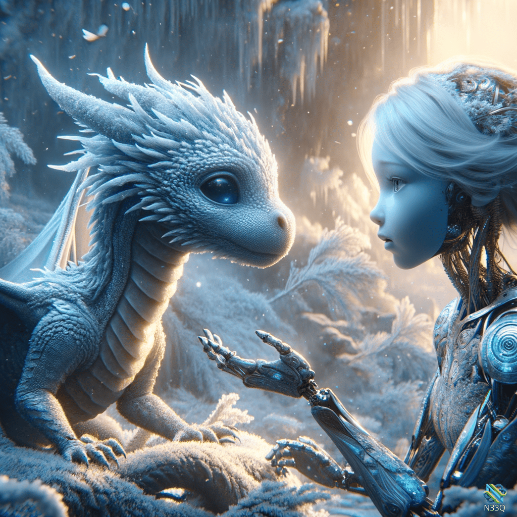 Icy Dragon Meets Cyborg Woman in Snow