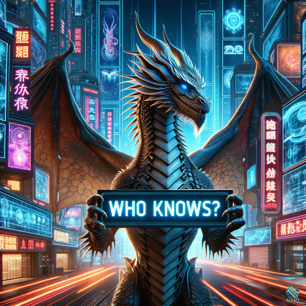 Cyberpunk Dragon Holding Who Knows Sign