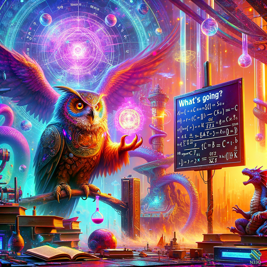 Cosmic Owl Presenting Equations with Dragon
