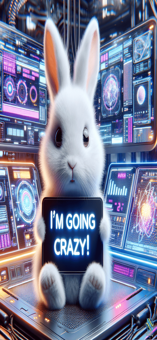 White Rabbit Holding Glowing Crazy Sign in Lab