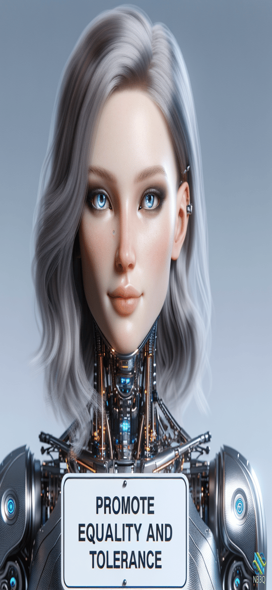 Silver-Haired Cyborg Holding Equality Sign