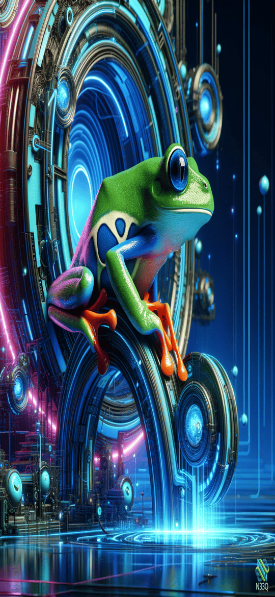 Vibrant Frog on Neon Cybernetic Portal