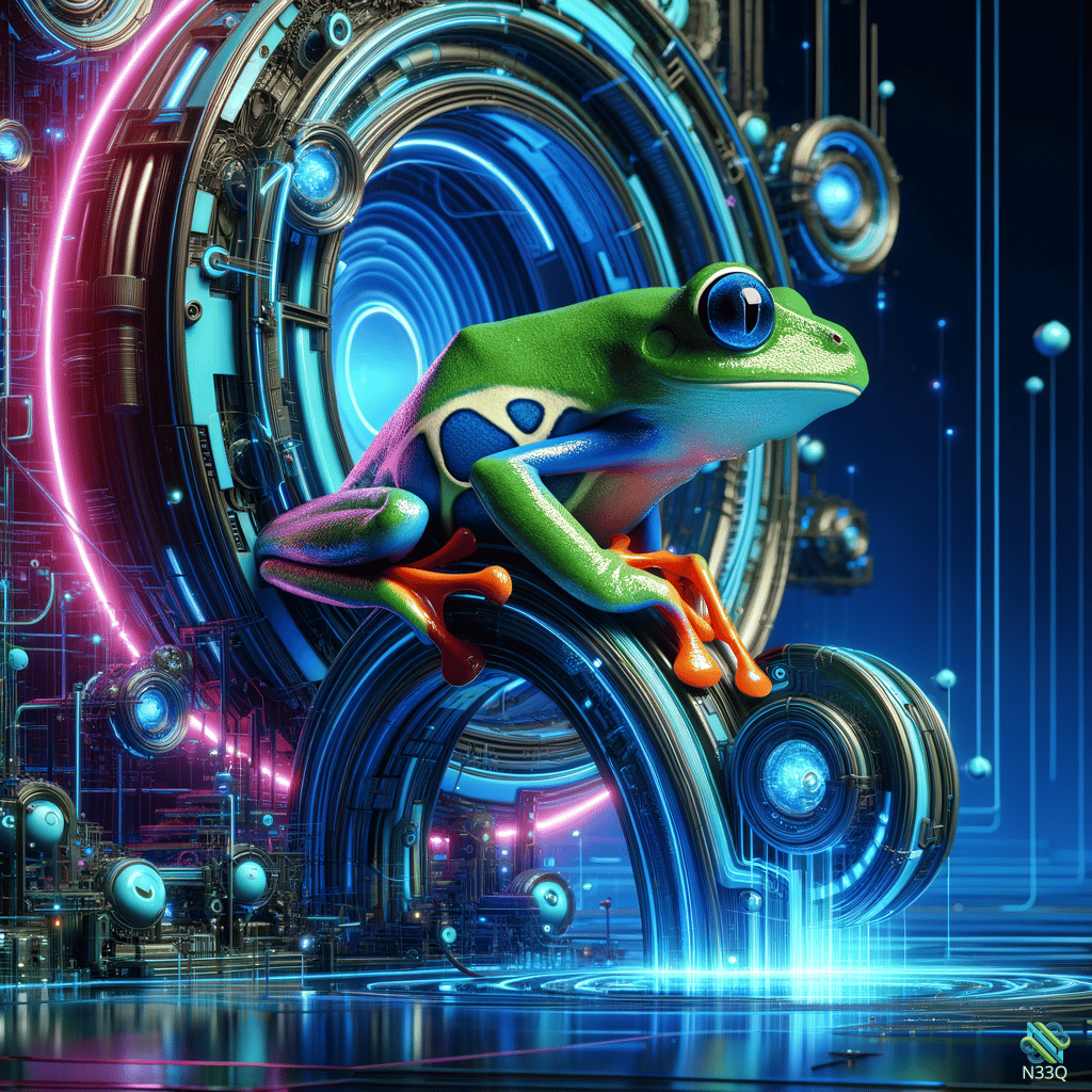 Vibrant Frog on Neon Cybernetic Portal