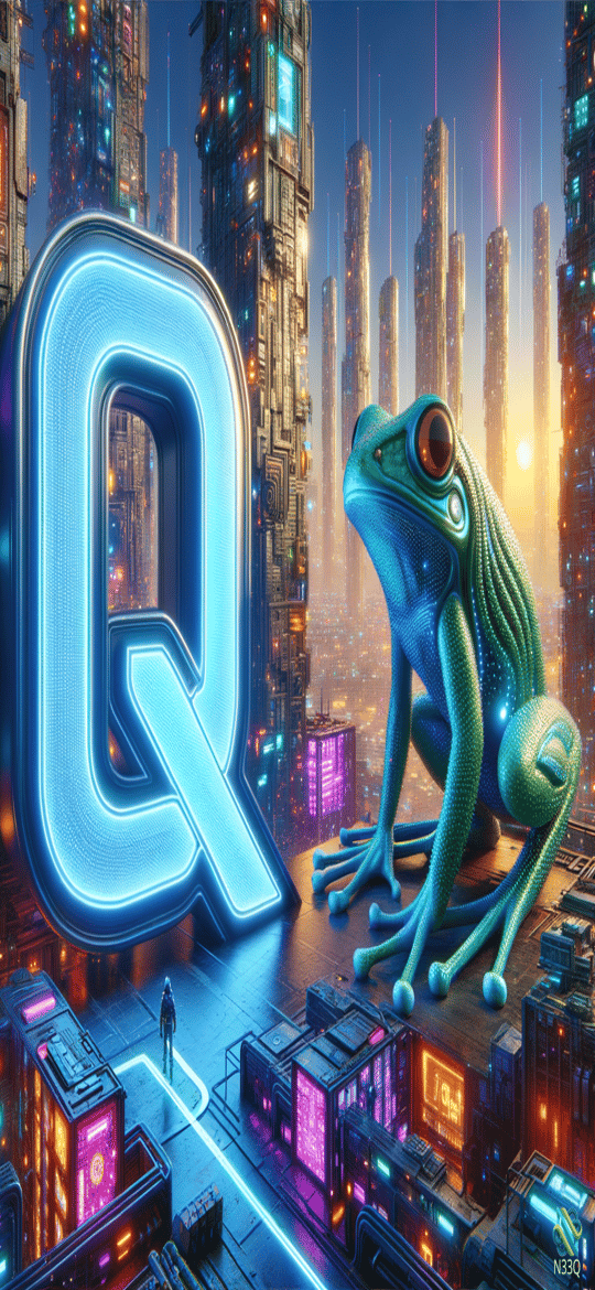 Neon Blue Q and Green Frog in Cyberpunk City