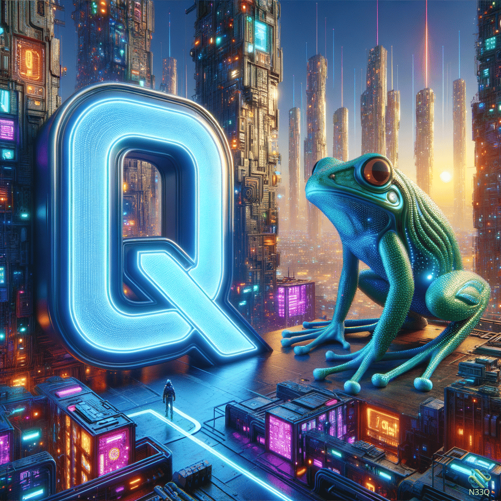 Neon Blue Q and Green Frog in Cyberpunk City