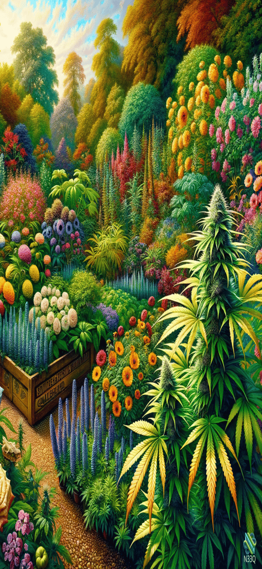 Vibrant Cannabis Garden with Colorful Flowers
