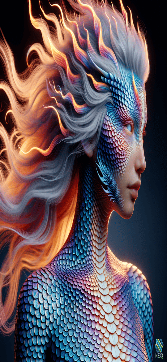 Woman with Iridescent Dragon Scales and Fiery Hair