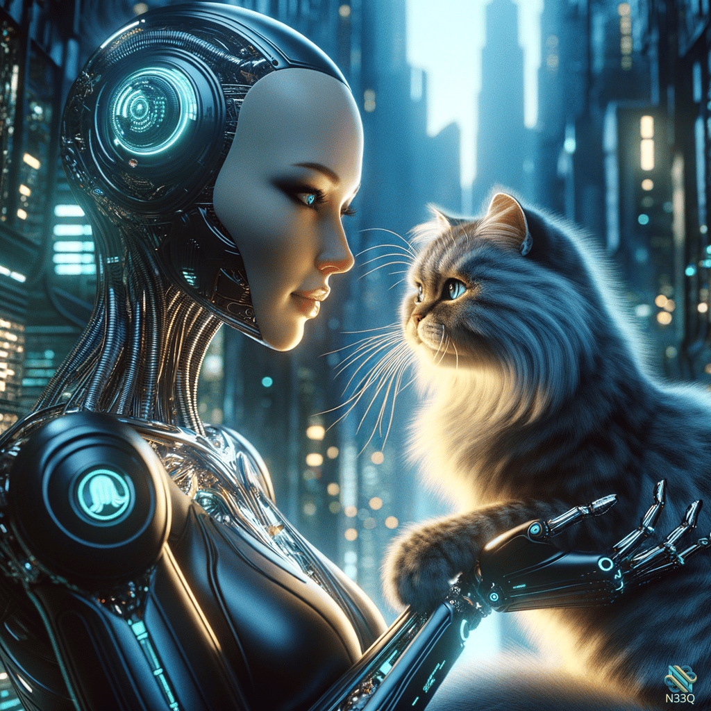 Cyborg Woman and Cat in Neon City