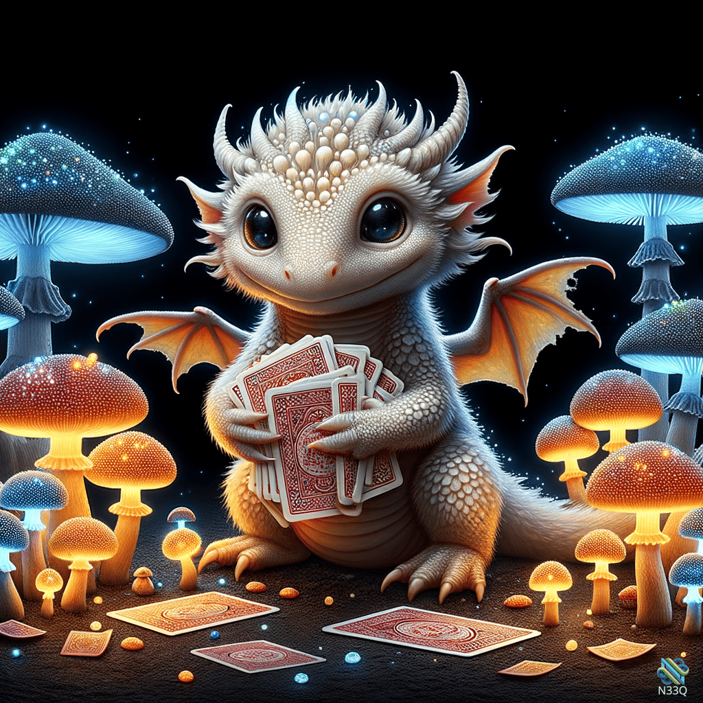 White Dragon Holding Cards Among Glowing Mushrooms