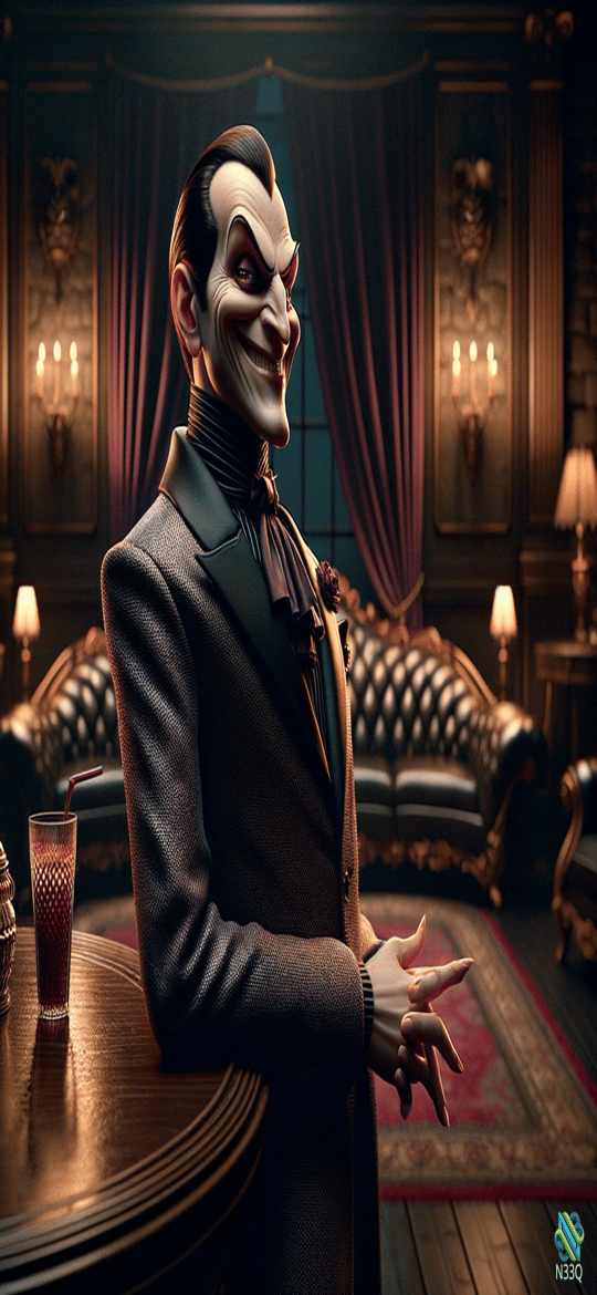 Smiling Villain in Luxurious Dark Lounge