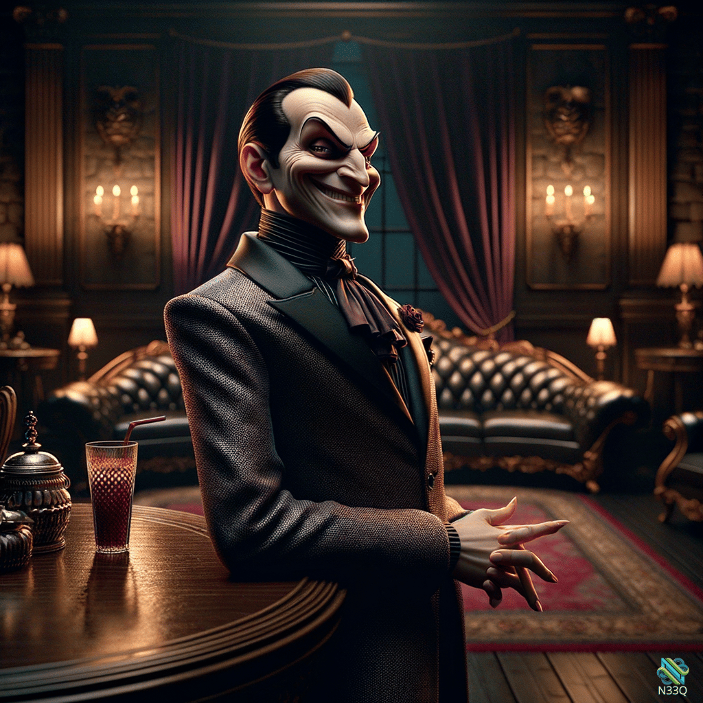 Smiling Villain in Luxurious Dark Lounge