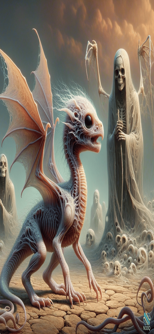Skeletal Dragon Facing Grim Reapers