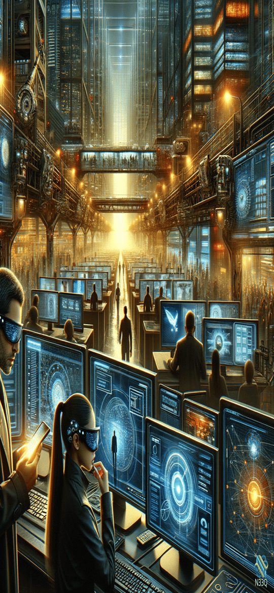 Futuristic Command Center with Cyberpunk Operators