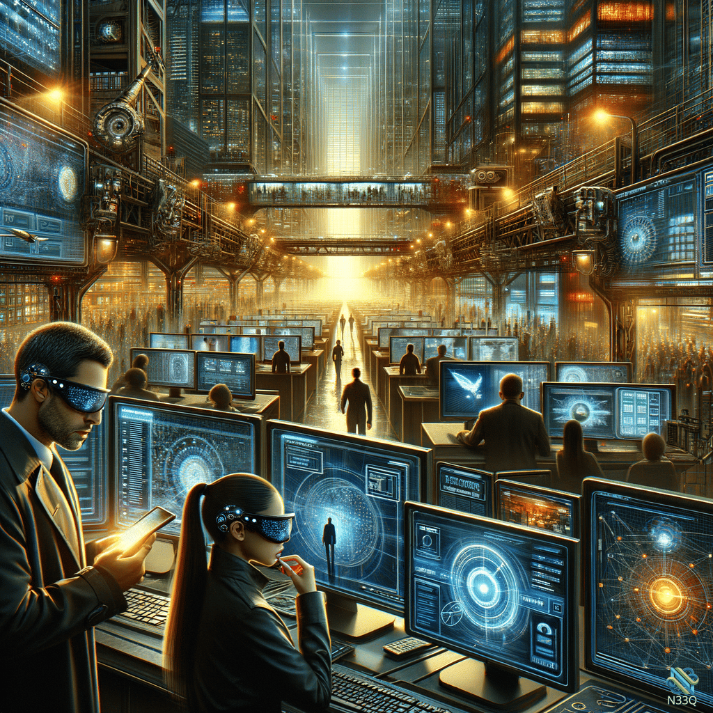 Futuristic Command Center with Cyberpunk Operators