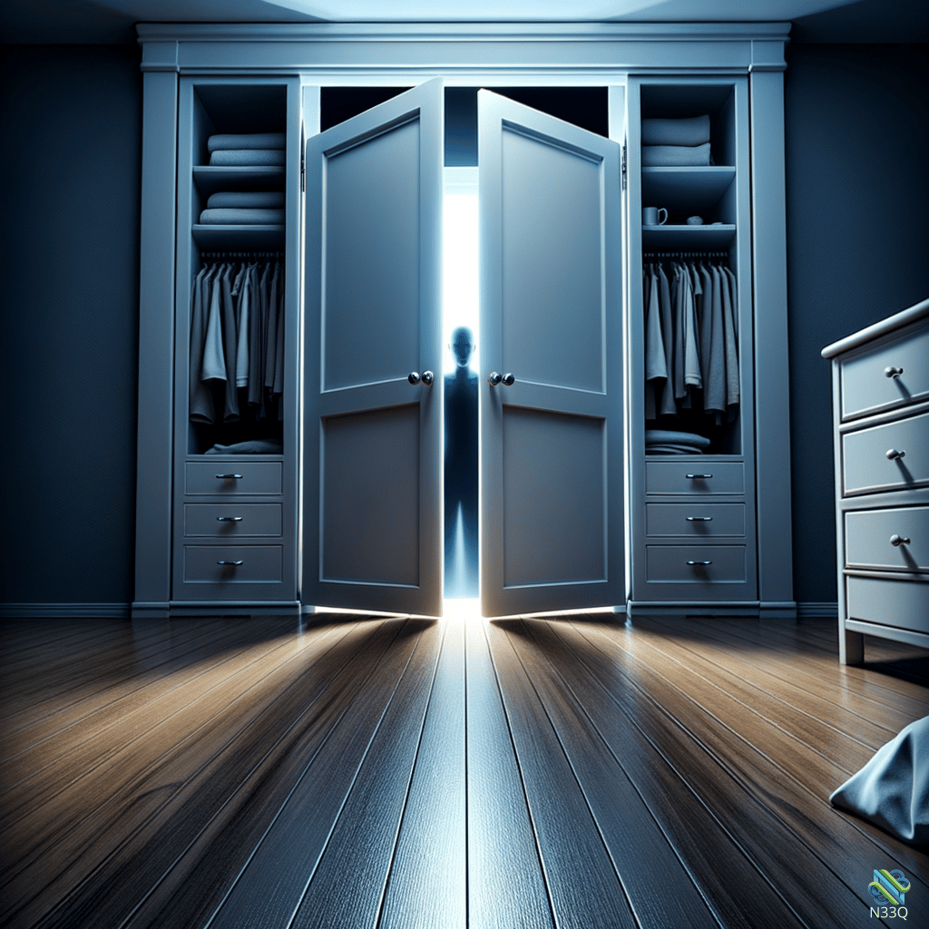 Silhouetted Figure in Open Wardrobe