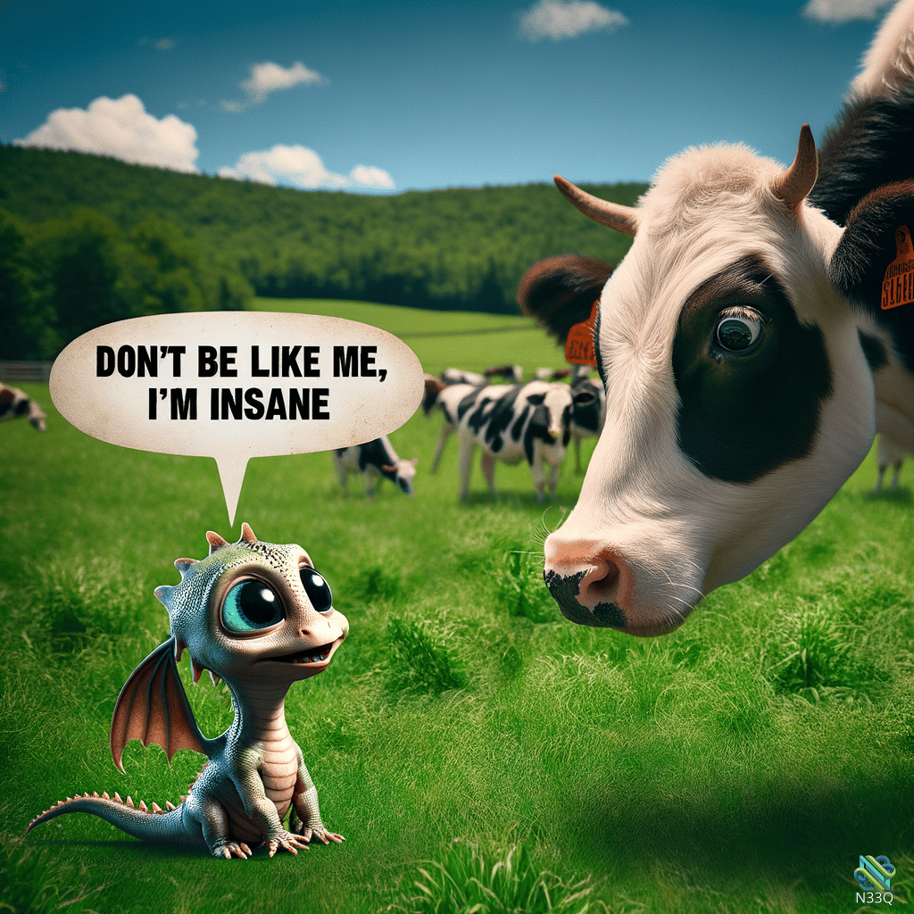 Baby Dragon and Cow in Pasture