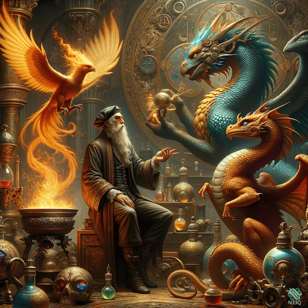 Alchemist with Fiery Phoenix and Dragons