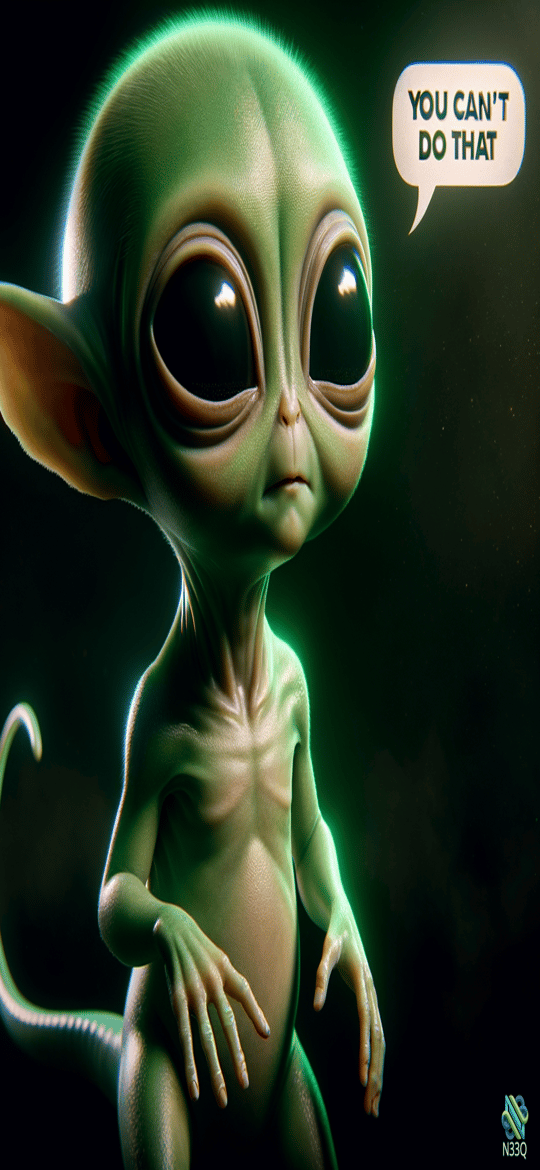 Green Alien With Warning Speech Bubble