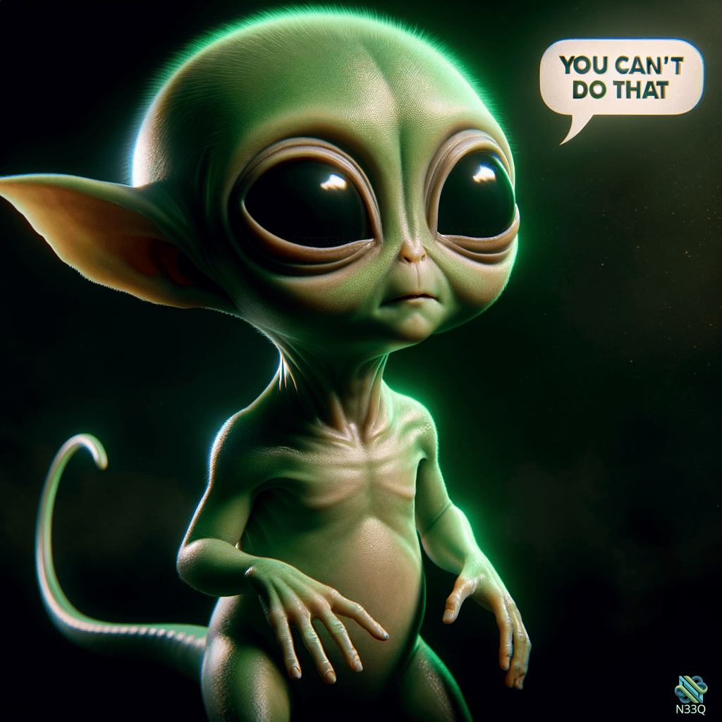 Green Alien With Warning Speech Bubble