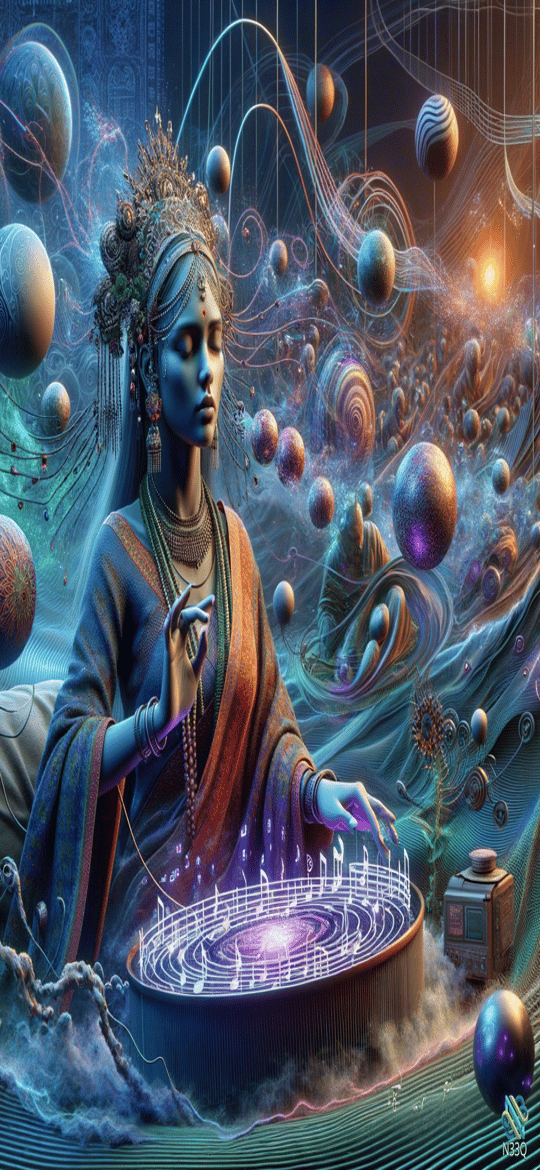 Goddess Playing Luminous Instrument Among Planets
