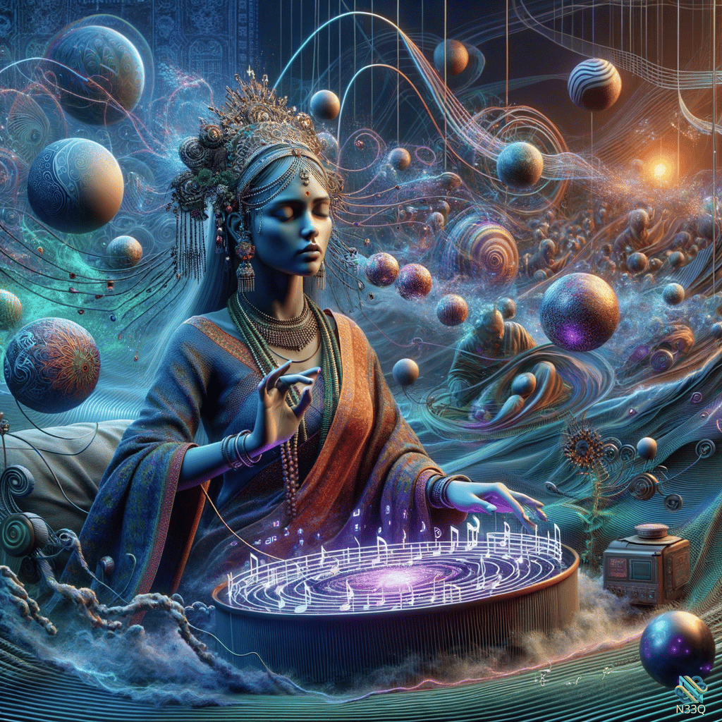 Goddess Playing Luminous Instrument Among Planets