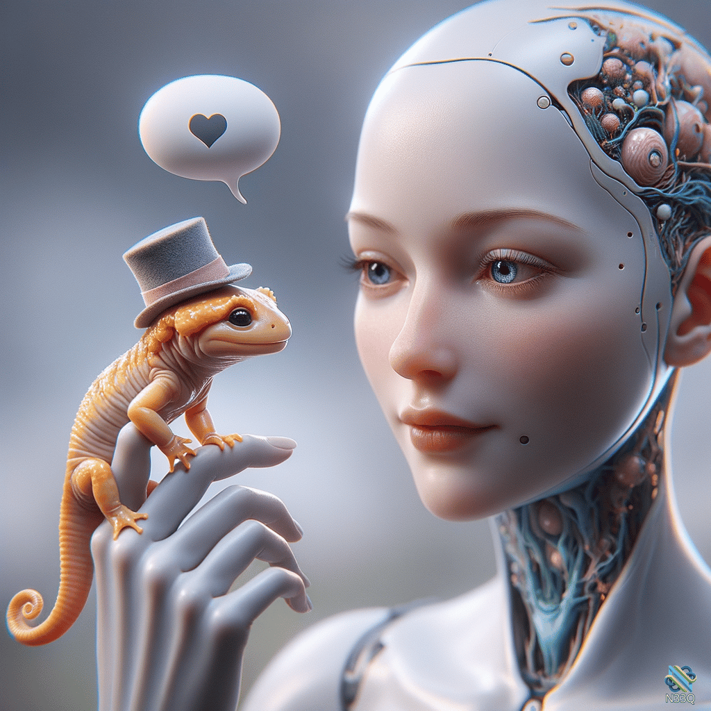 Cyborg Woman Holding Top-Hatted Lizard