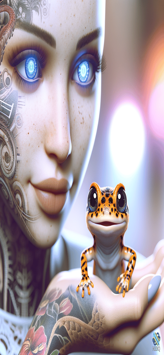 Cyborg Woman Holding Orange Spotted Frog