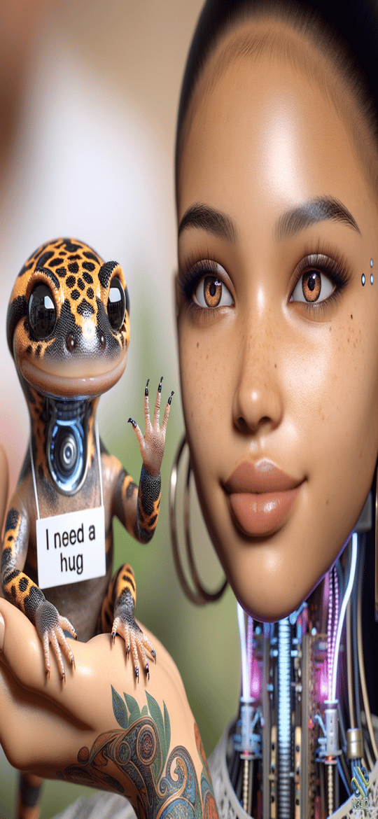 Cyborg Woman Holding Robotic Lizard with Hug Sign