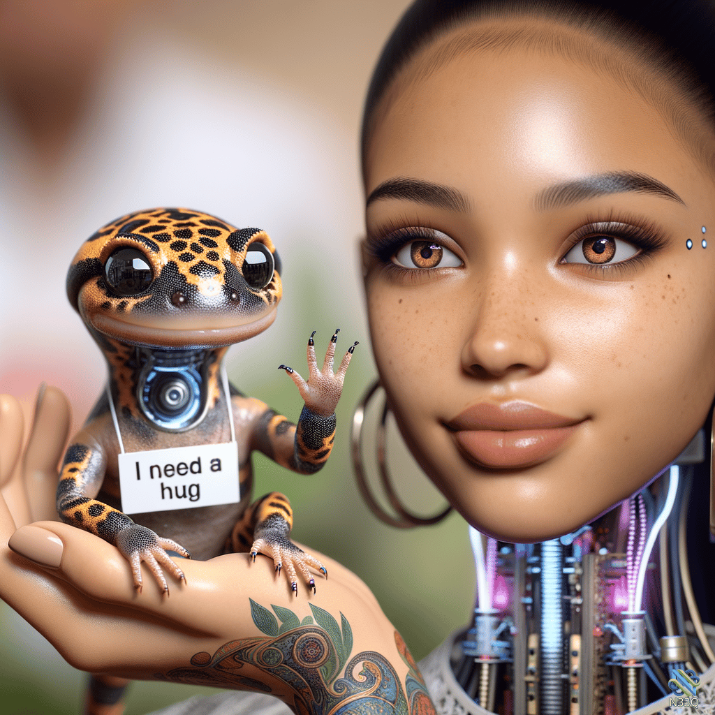 Cyborg Woman Holding Robotic Lizard with Hug Sign