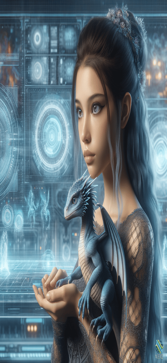 Woman Holding Small Blue Dragon in Futuristic Lab
