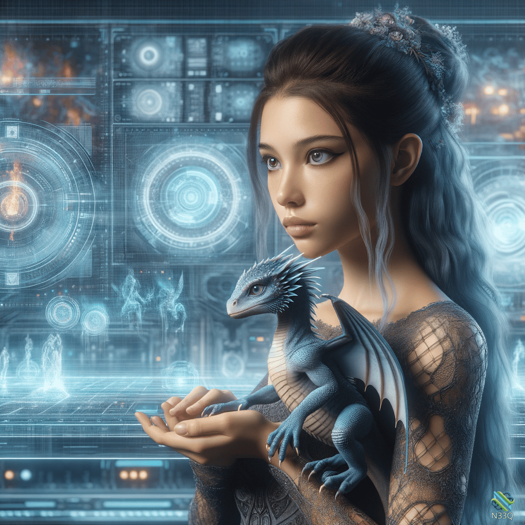 Woman Holding Small Blue Dragon in Futuristic Lab