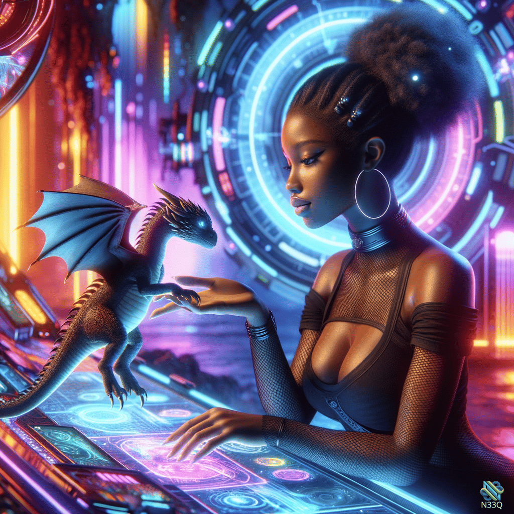 Woman and Small Dragon on Neon Console