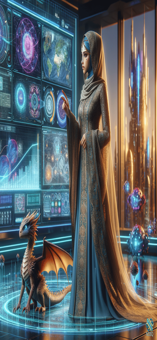 Woman and Dragon in Futuristic Command Center