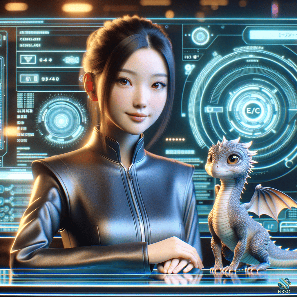 Woman with Baby Dragon in Neon Control Room