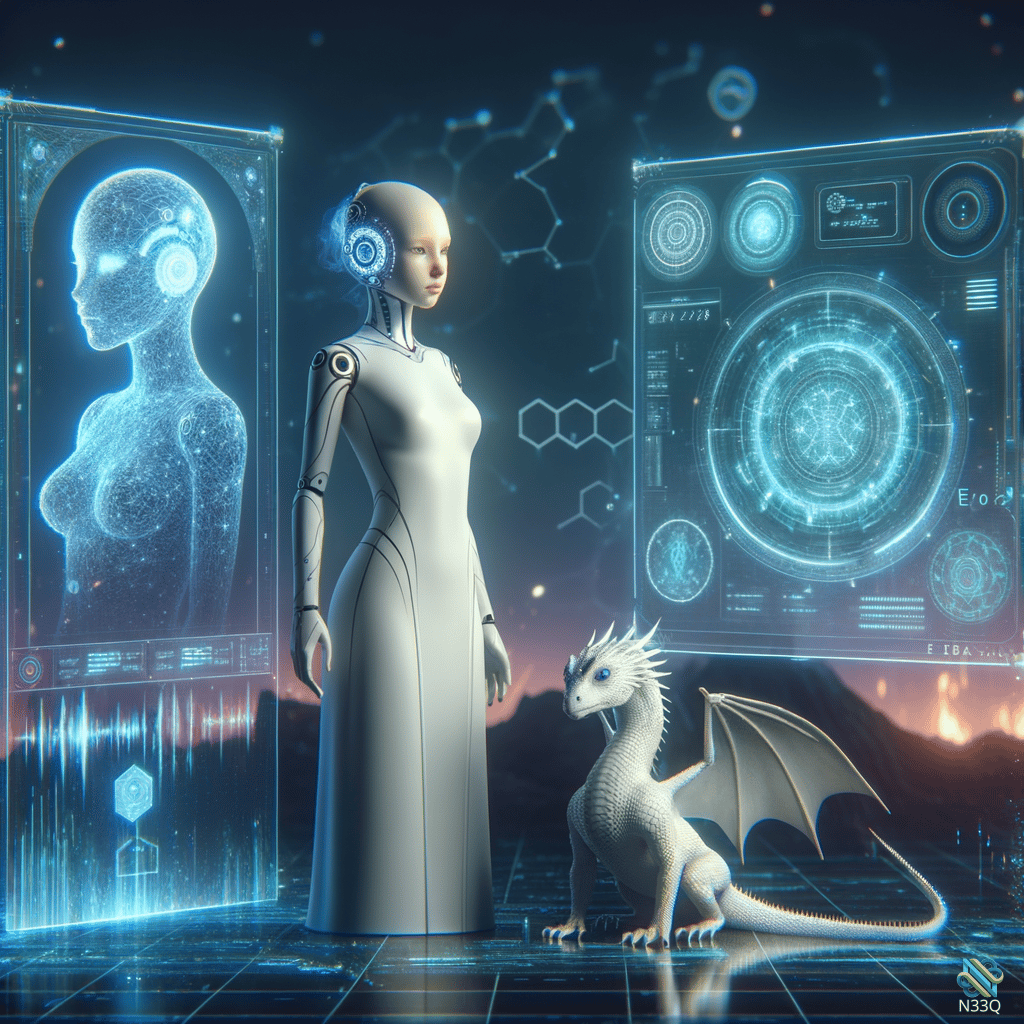 Android Woman With White Dragon Holograms