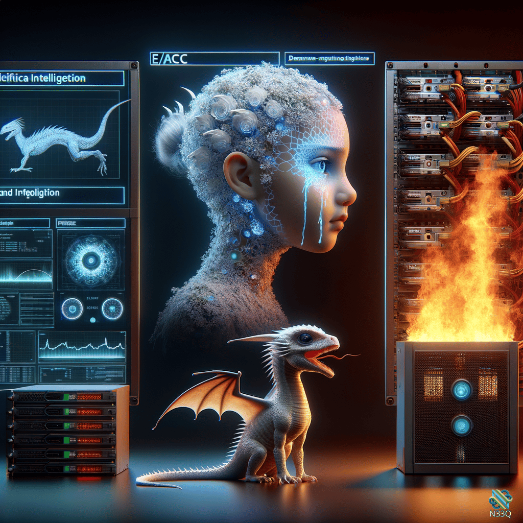 Crying Cybernetic Girl with White Dragon and Burning Server