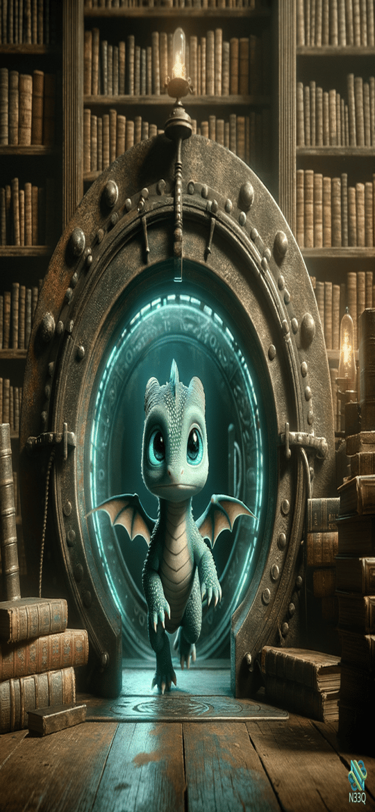 Baby Dragon Emerging from Library Vault
